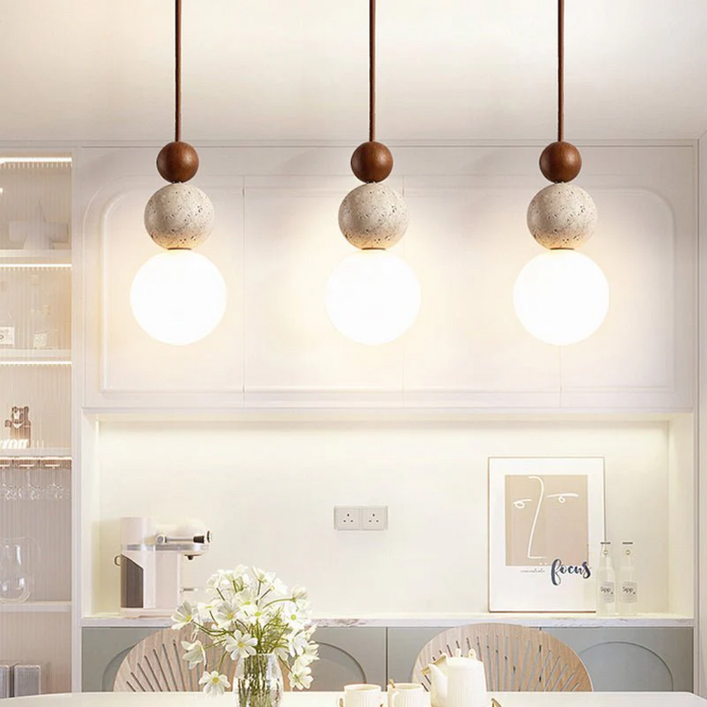 Cleonice Travertine, Wood & Glass Pendant Light