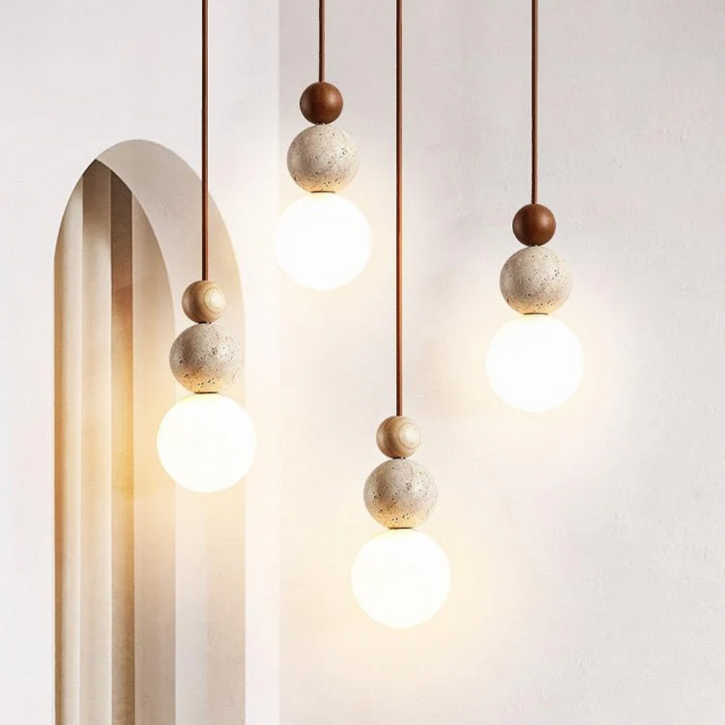 Cleonice Travertine, Wood & Glass Pendant Light