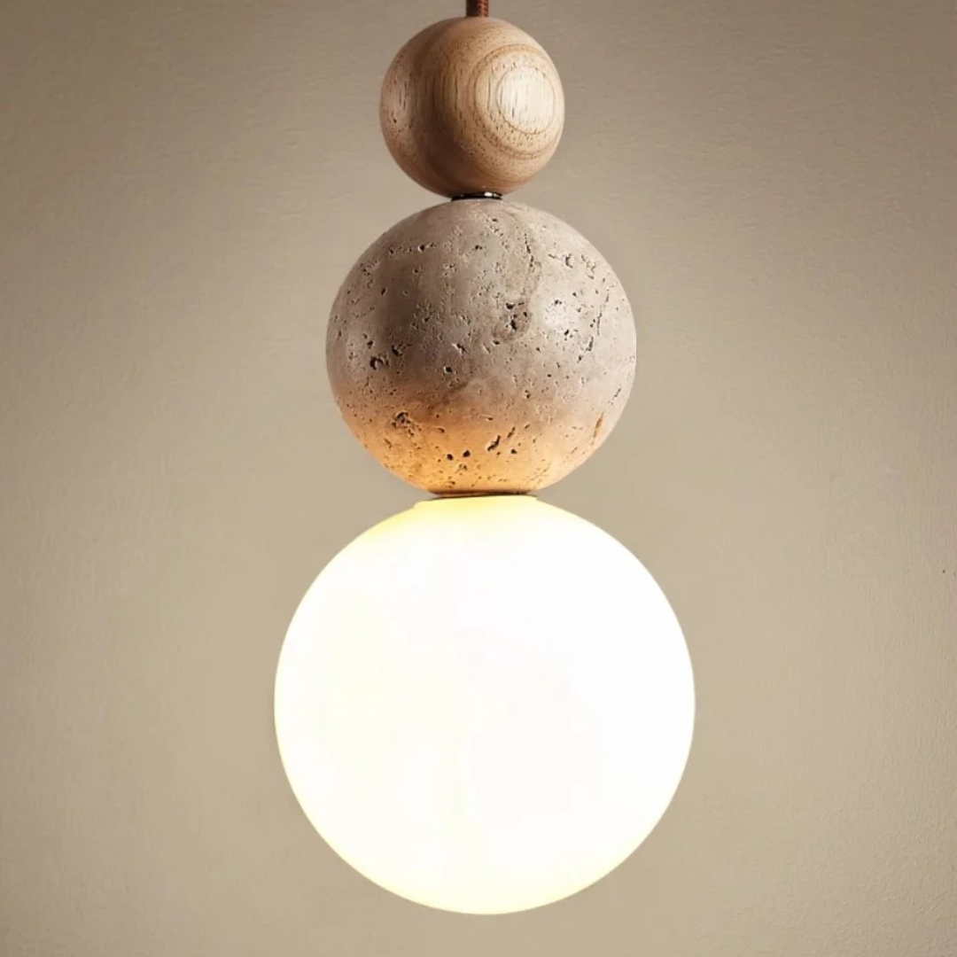 Cleonice Travertine, Wood & Glass Pendant Light