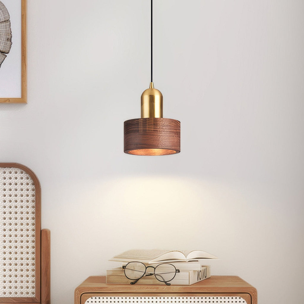 Emi Walnut & Brass Cylinder Pendant Light