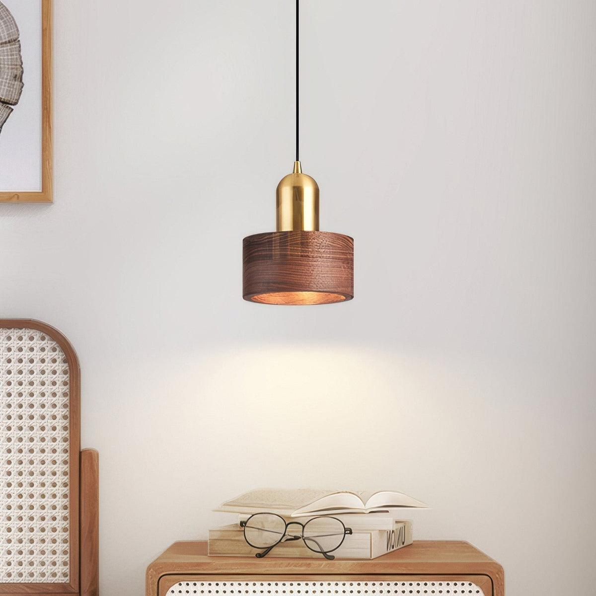 Emi Walnut & Brass Cylinder Pendant Light