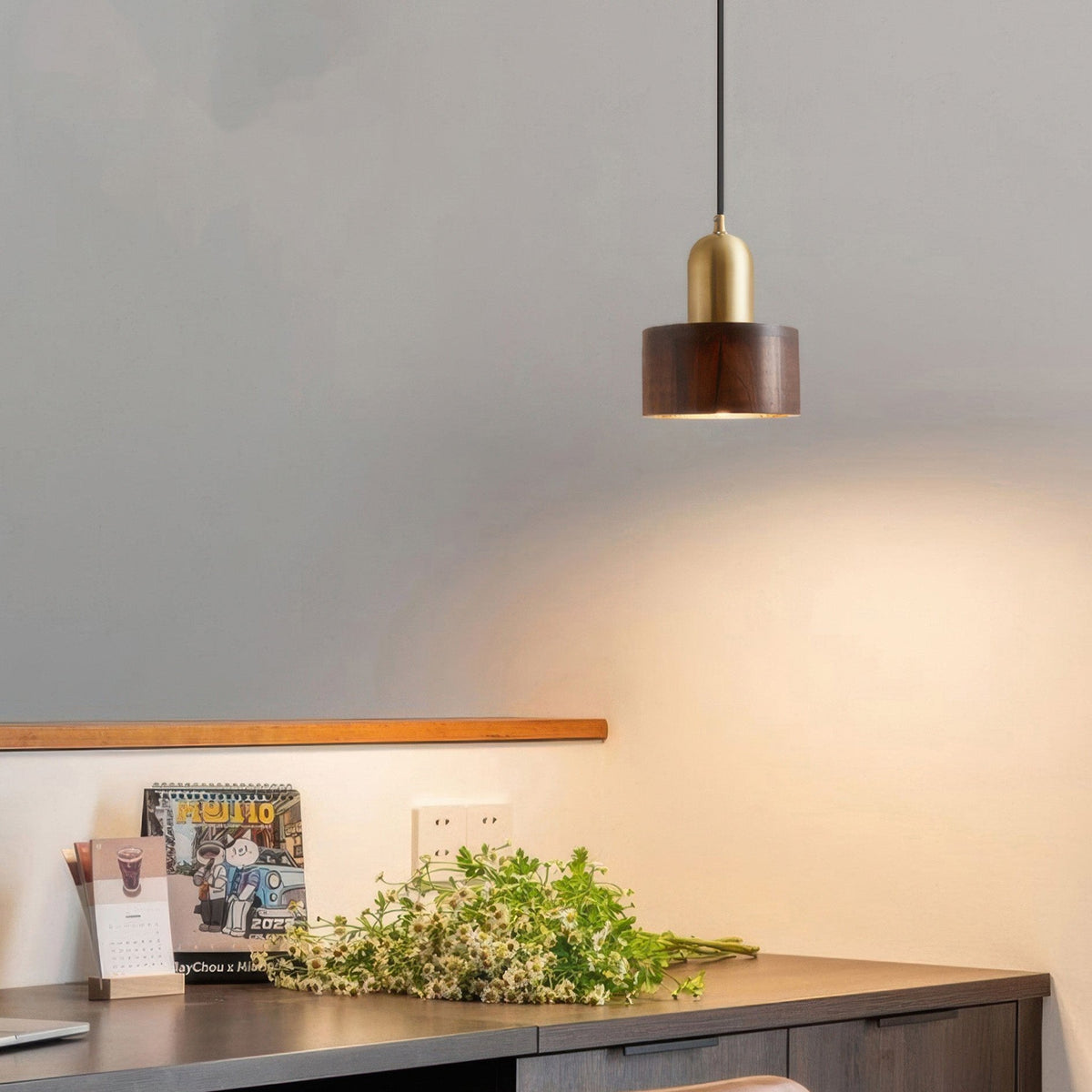 Emi Walnut & Brass Cylinder Pendant Light