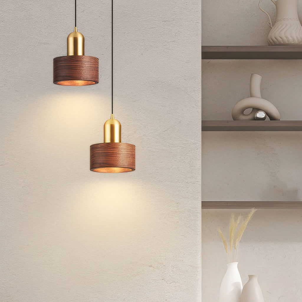 Emi Walnut & Brass Cylinder Pendant Light