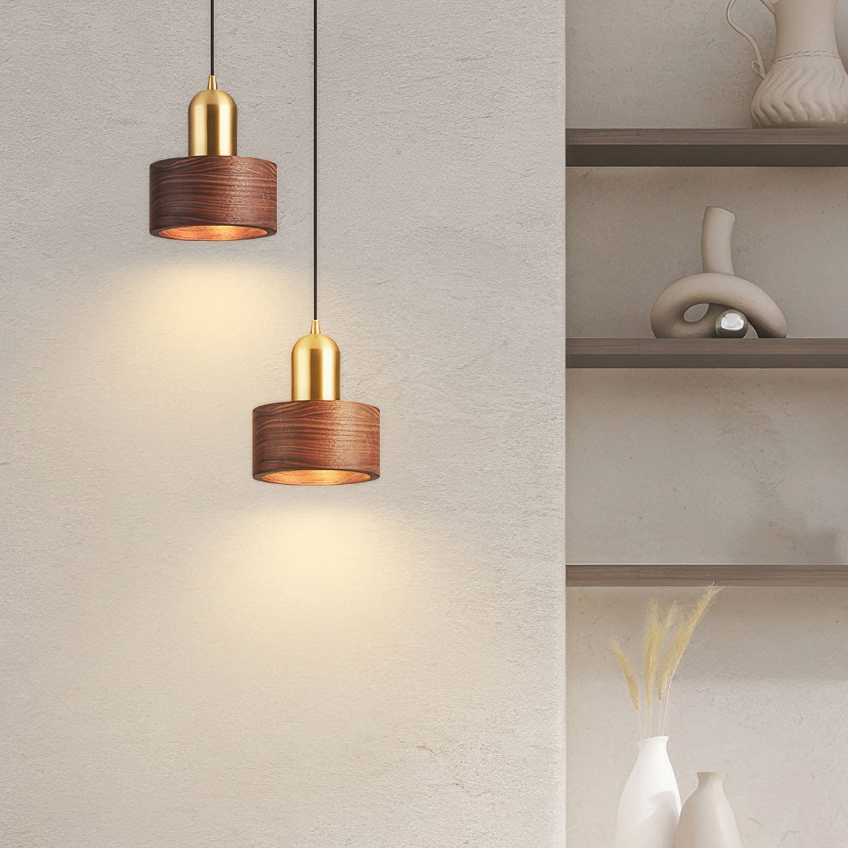 Emi Walnut & Brass Cylinder Pendant Light