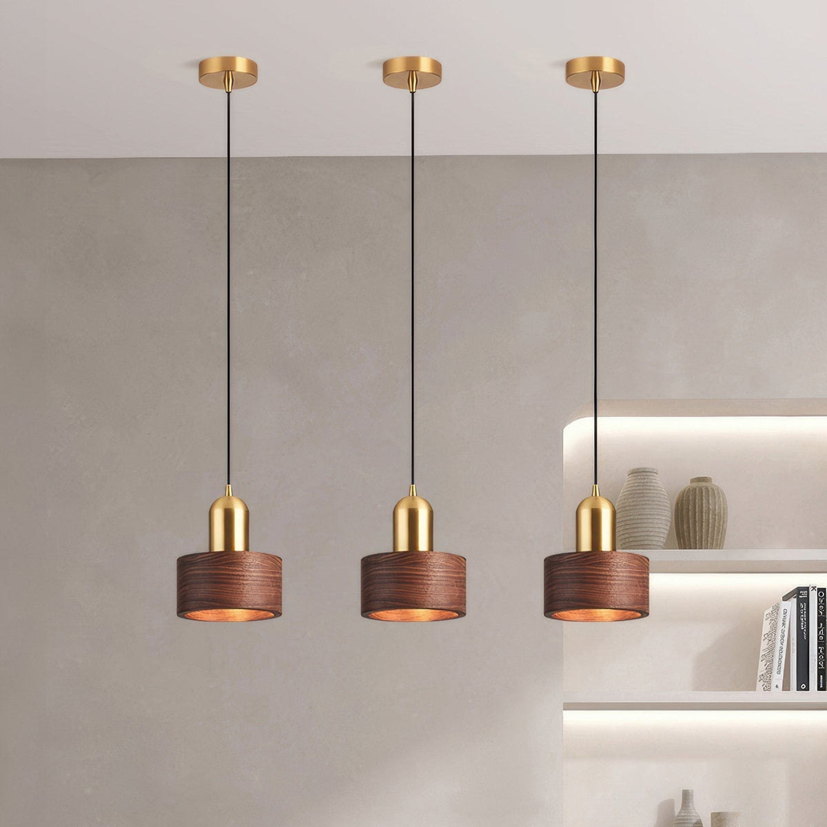 Emi Walnut & Brass Cylinder Pendant Light