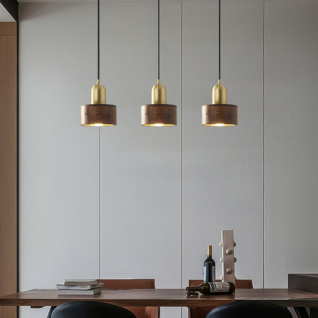 Emi Walnut & Brass Cylinder Pendant Light