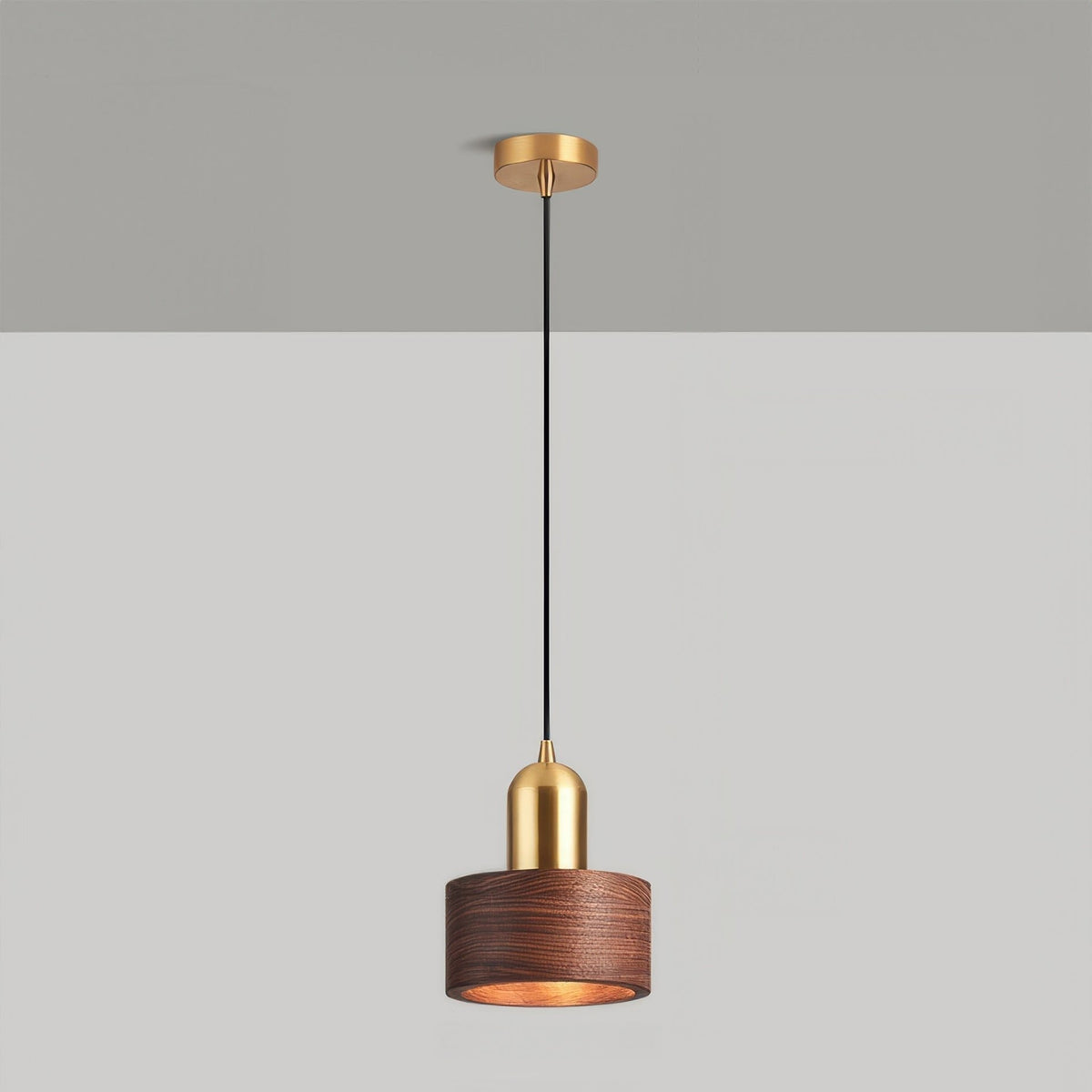 Emi Walnut & Brass Cylinder Pendant Light