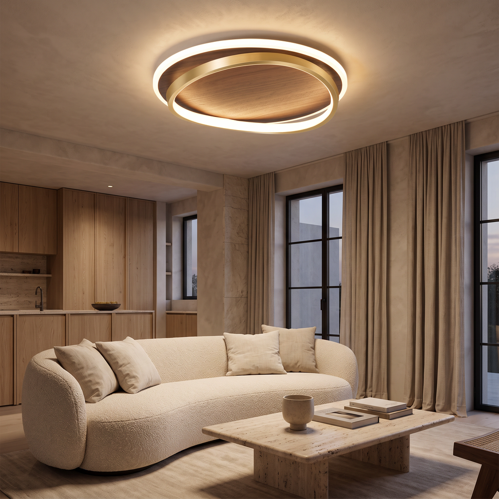 Hollis Walnut & Gold Round LED Ceiling Light