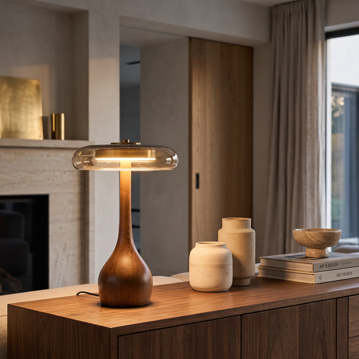 Andi Glass, Brass & Walnut LED Table Lamp