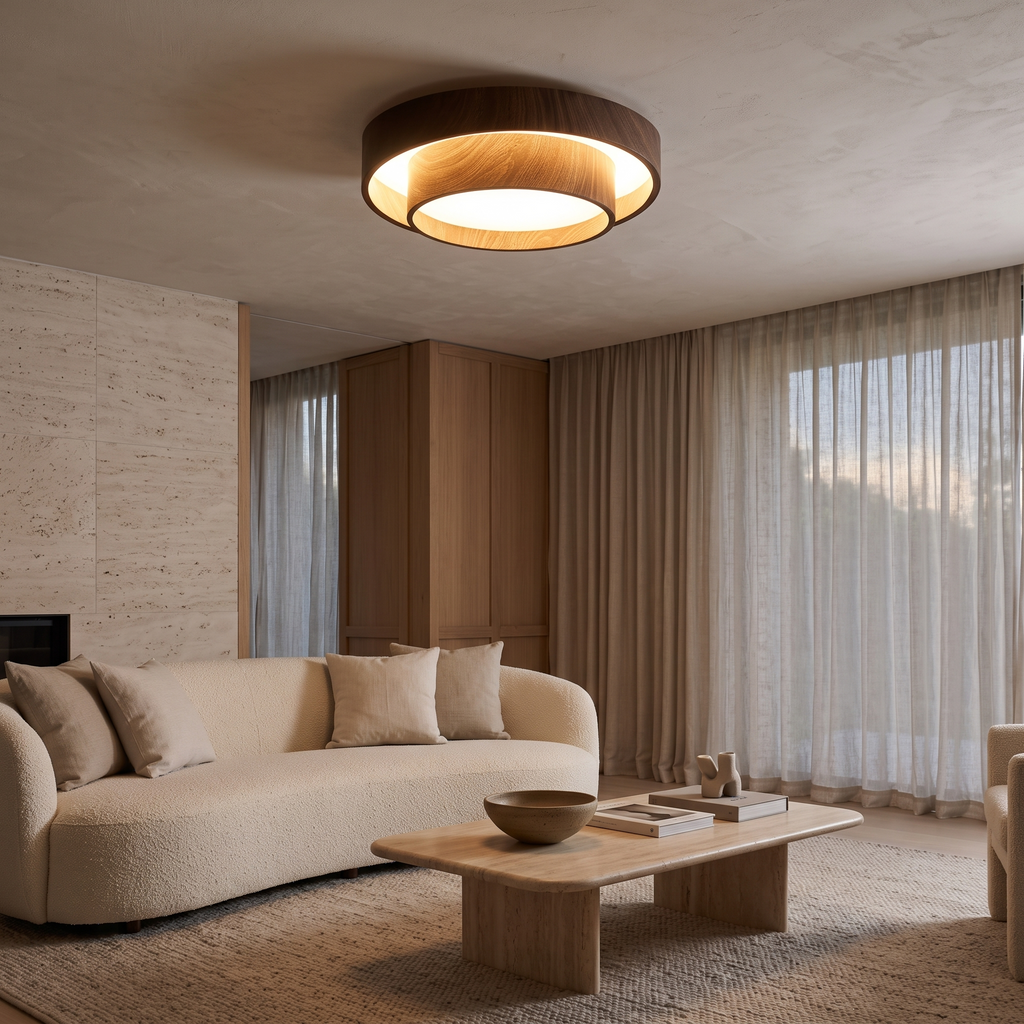 Vaako Walnut-Effect LED Flush Ceiling Light