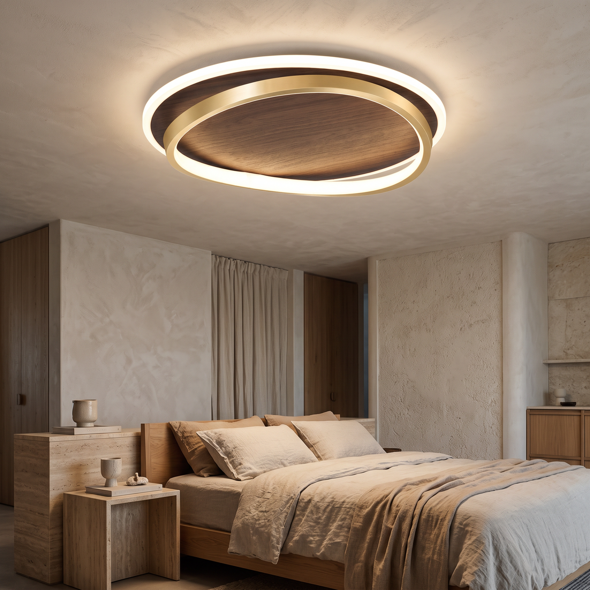 Hollis Walnut & Gold Round LED Ceiling Light