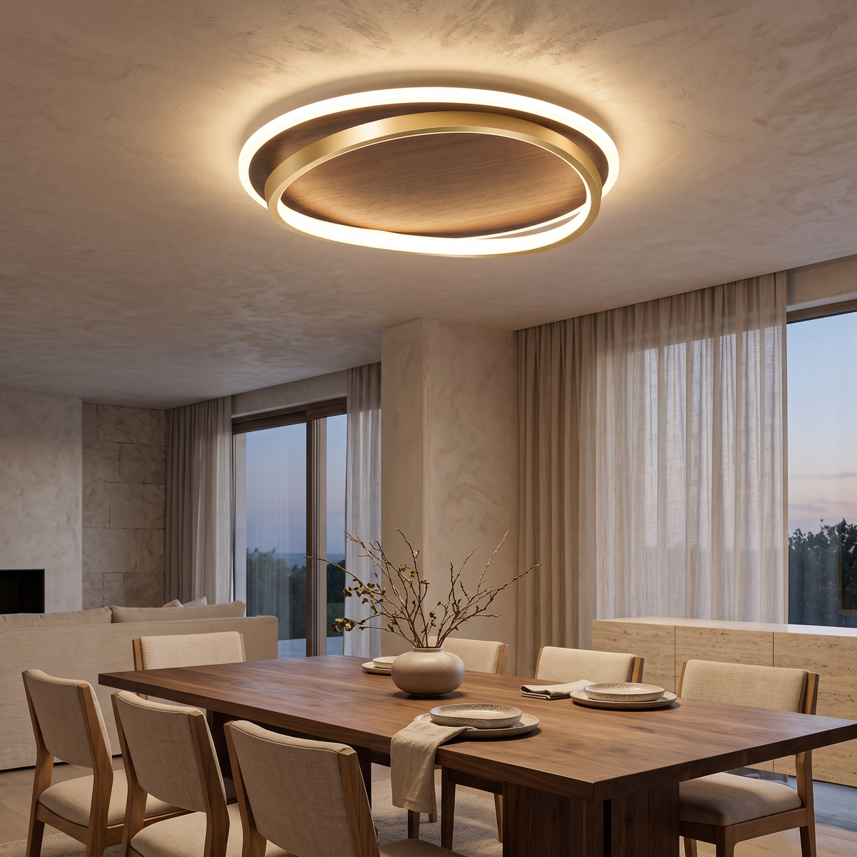 Hollis Walnut & Gold Round LED Ceiling Light