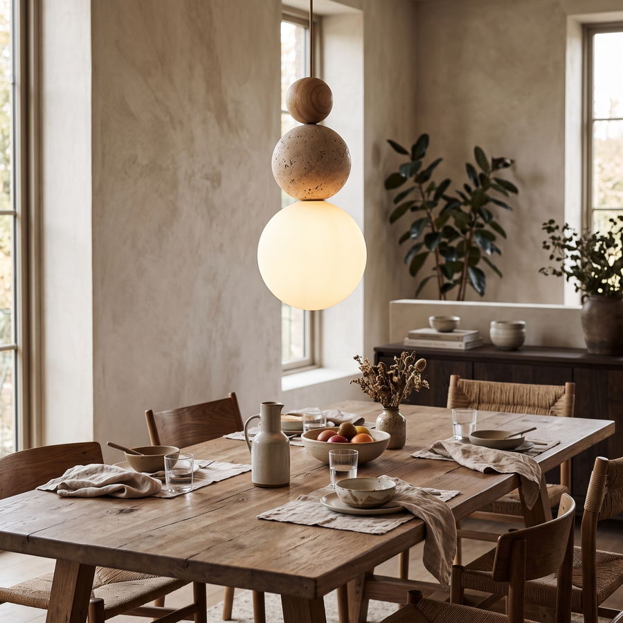 Cleonice Travertine, Wood & Glass Pendant Light