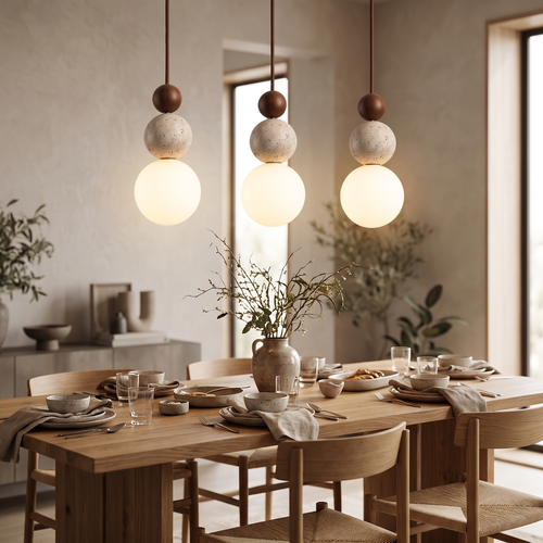 Cleonice Travertine, Wood & Glass Pendant Light