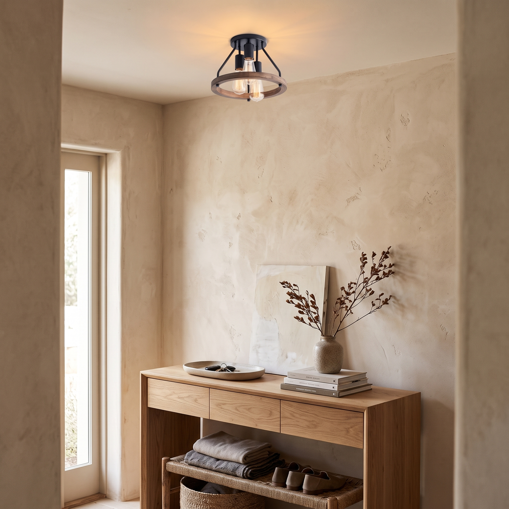 Ronan Industrial Wood Ring 3-Light Ceiling Light
