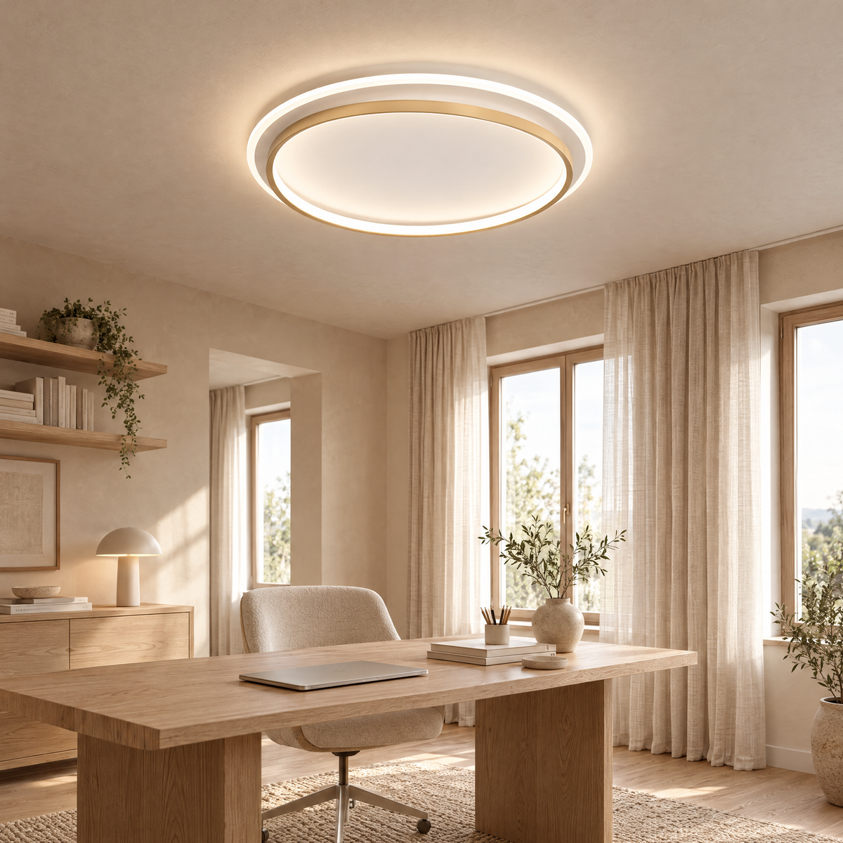 Hollis Walnut & Gold Round LED Ceiling Light