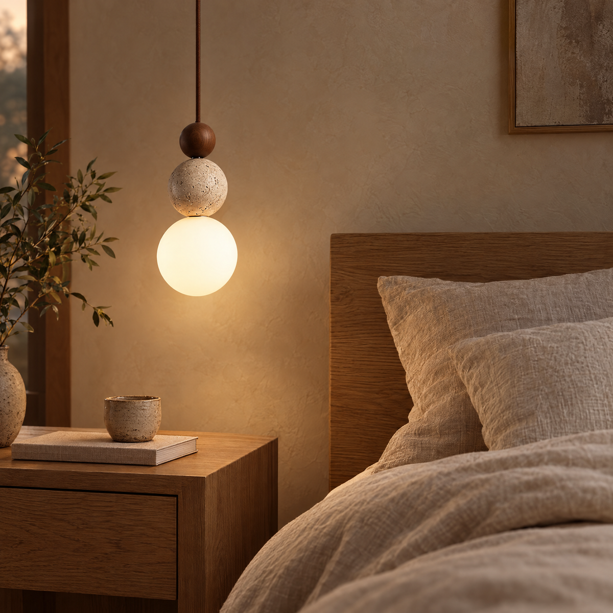 Cleonice Travertine, Wood & Glass Pendant Light