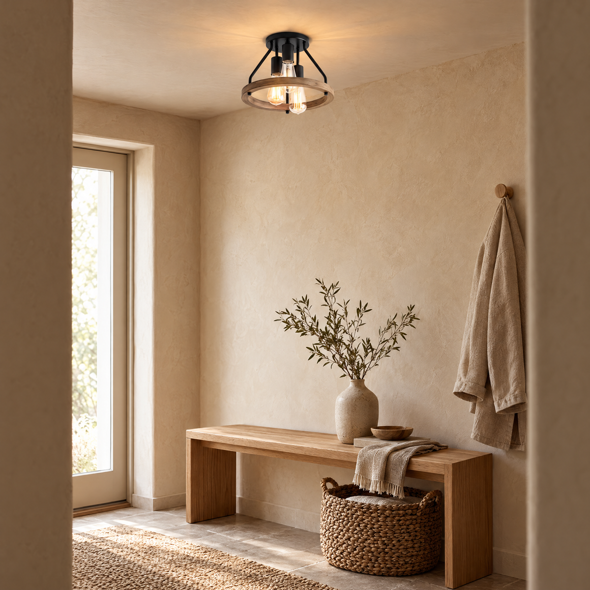 Ronan Industrial Wood Ring 3-Light Ceiling Light