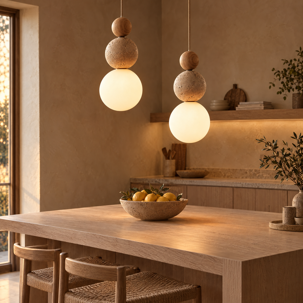Cleonice Travertine, Wood & Glass Pendant Light