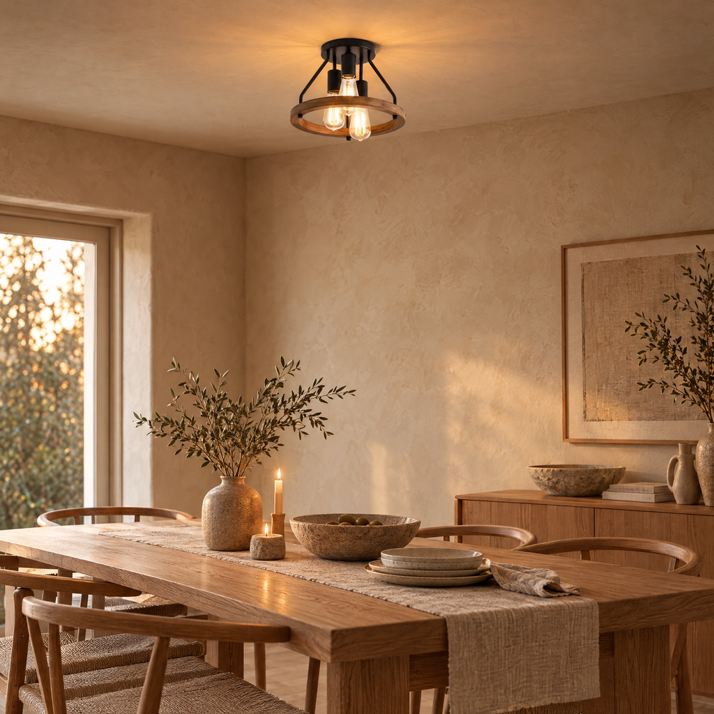 Ronan Industrial Wood Ring 3-Light Ceiling Light