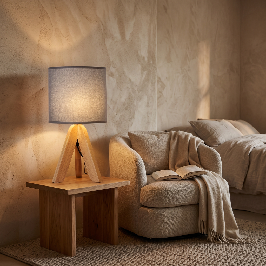 Liv Wooden Tripod Table Lamp with Fabric Shade