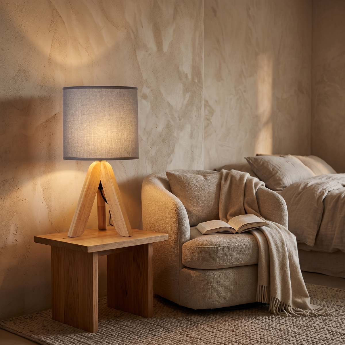 Liv Wooden Tripod Table Lamp with Fabric Shade