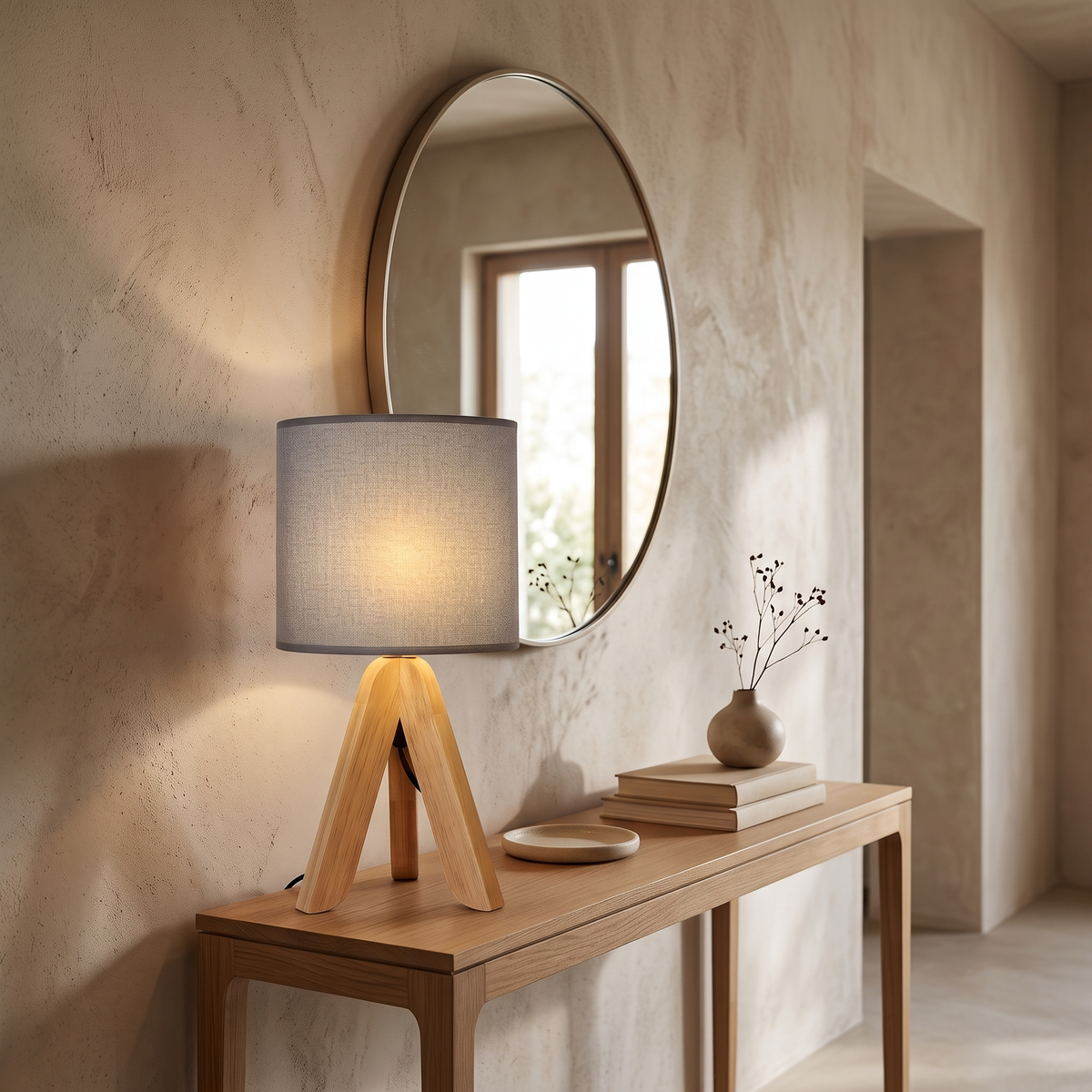 Liv Wooden Tripod Table Lamp with Fabric Shade