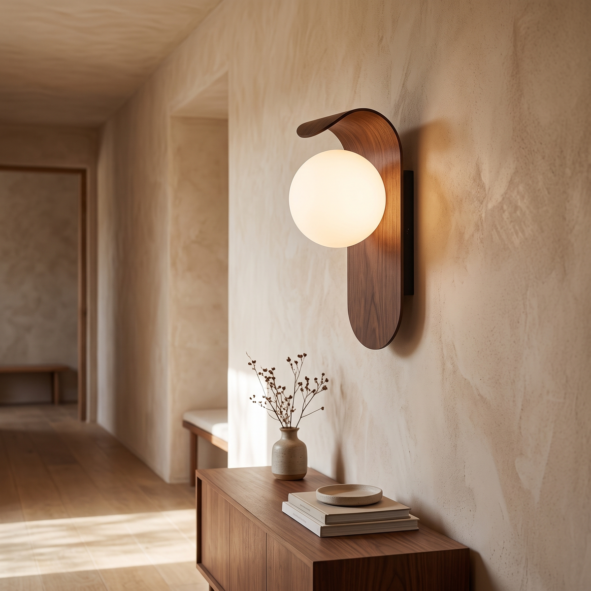 Ivo Curved Wood & Glass Globe Wall Light
