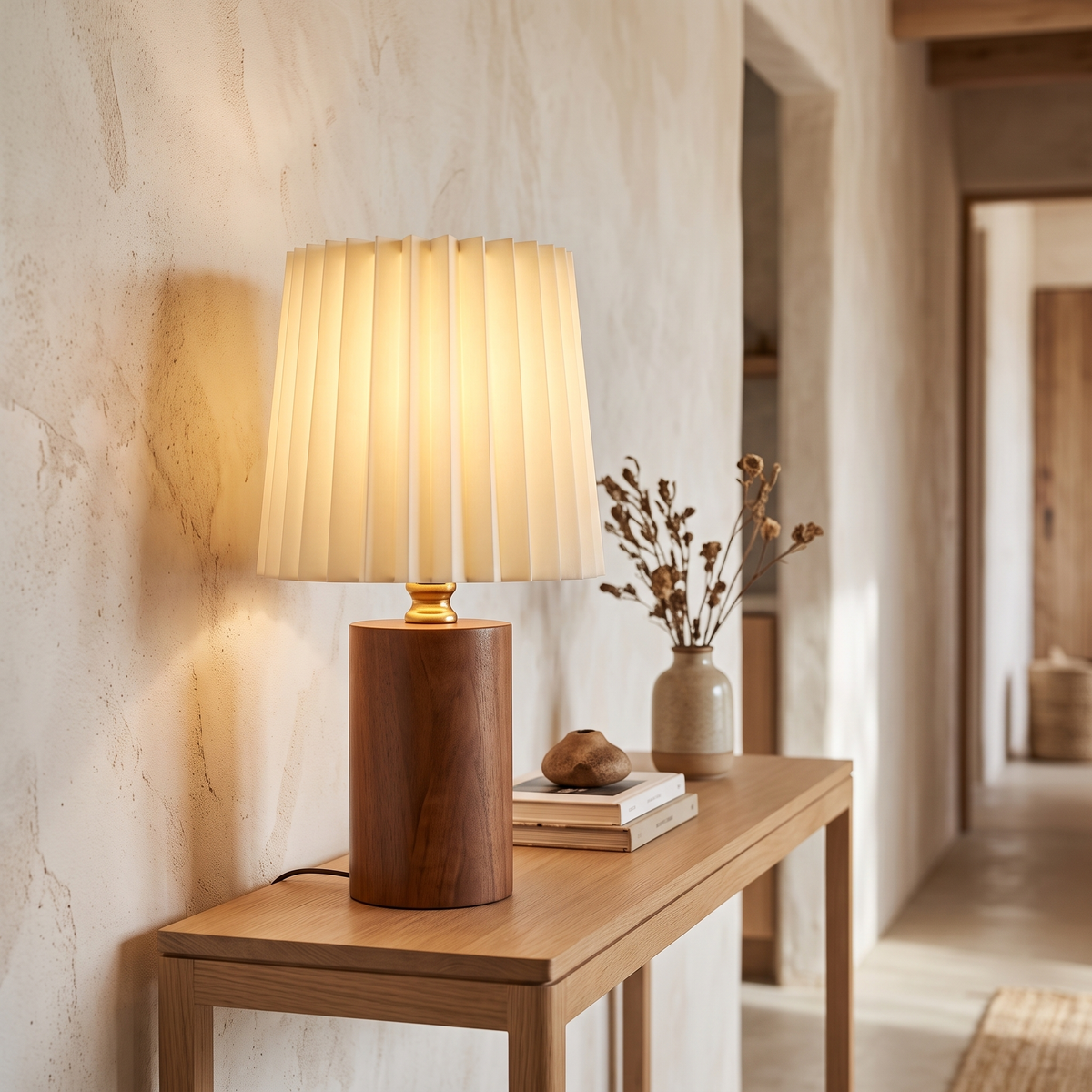 Elin Pleated Shade Wooden Table Lamp