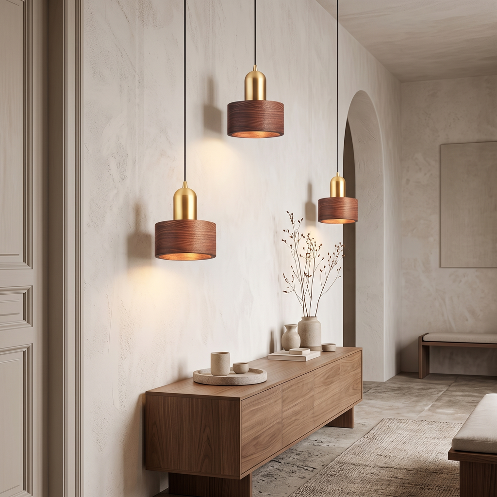 Emi Walnut & Brass Cylinder Pendant Light