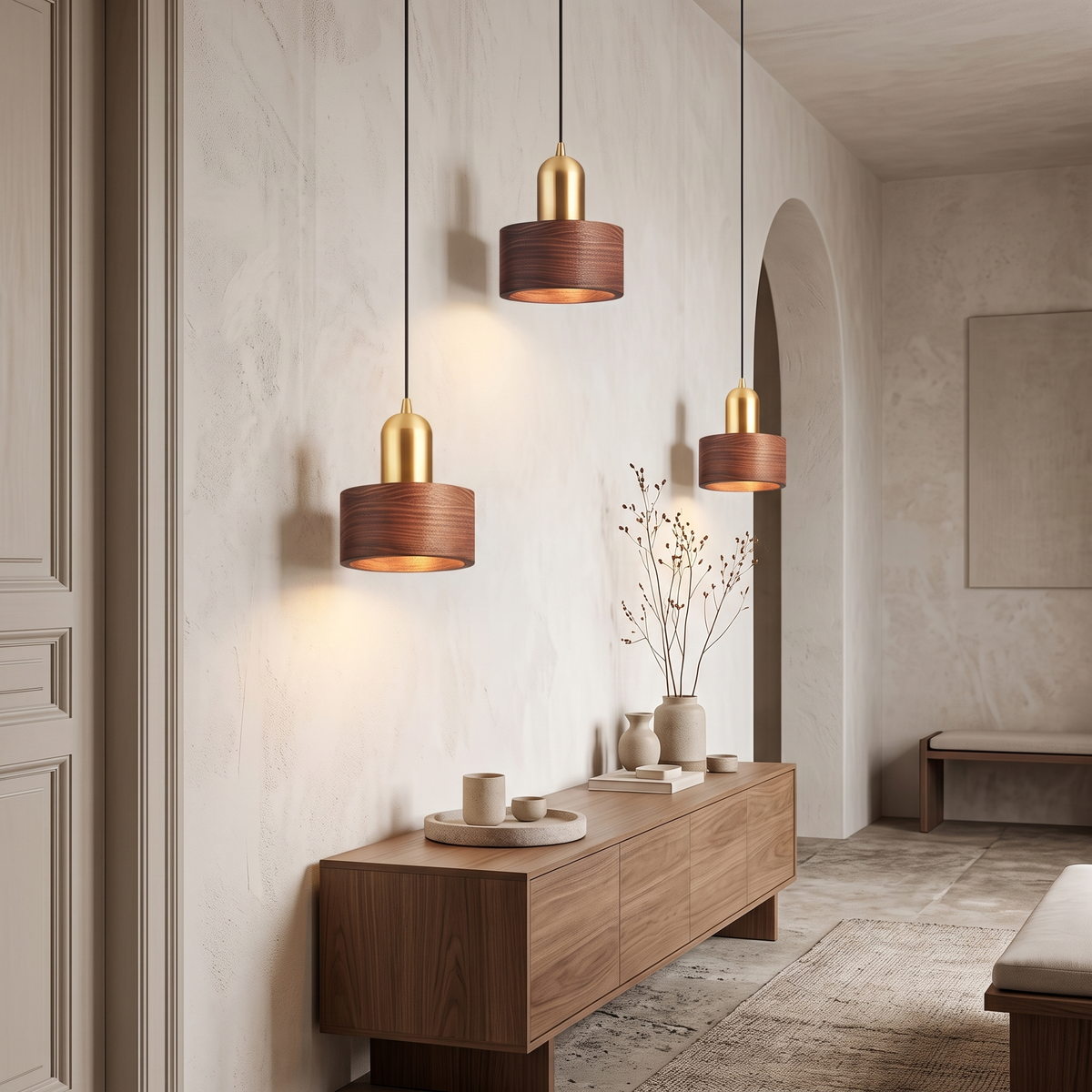 Emi Walnut & Brass Cylinder Pendant Light