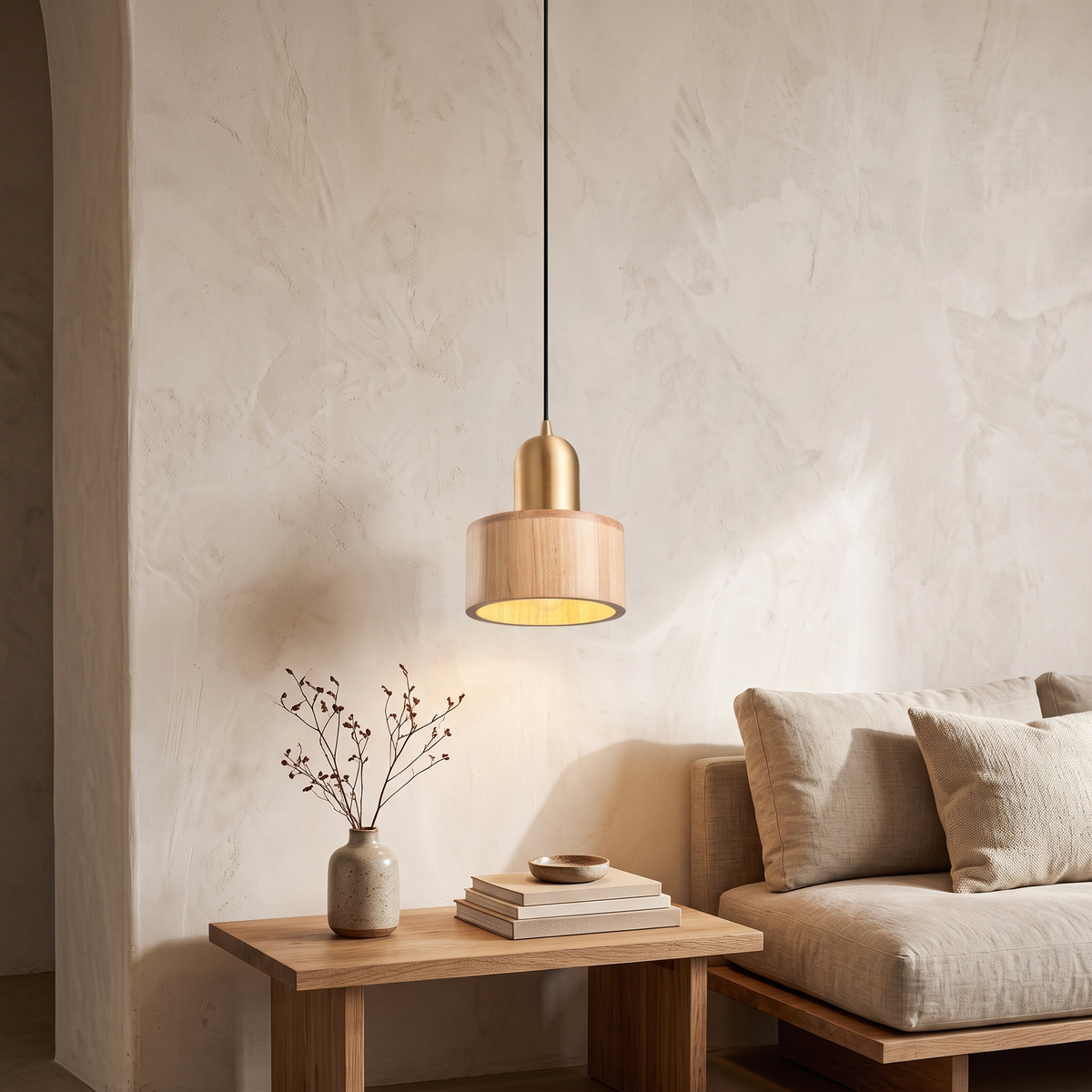 Emi Walnut & Brass Cylinder Pendant Light