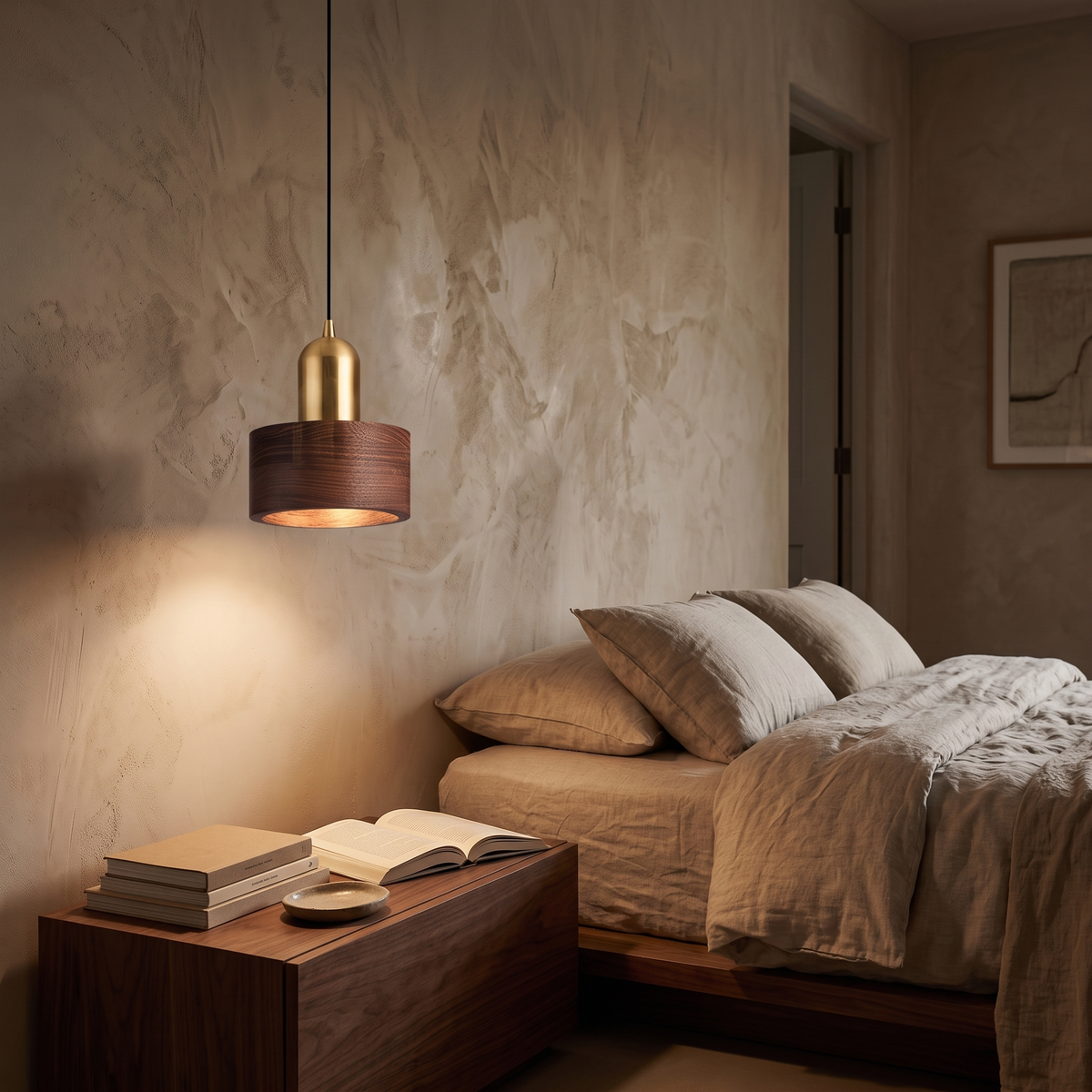 Emi Walnut & Brass Cylinder Pendant Light