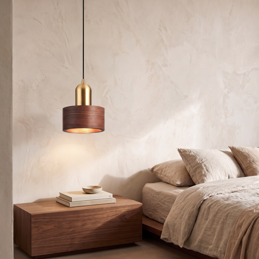 Emi Walnut & Brass Cylinder Pendant Light