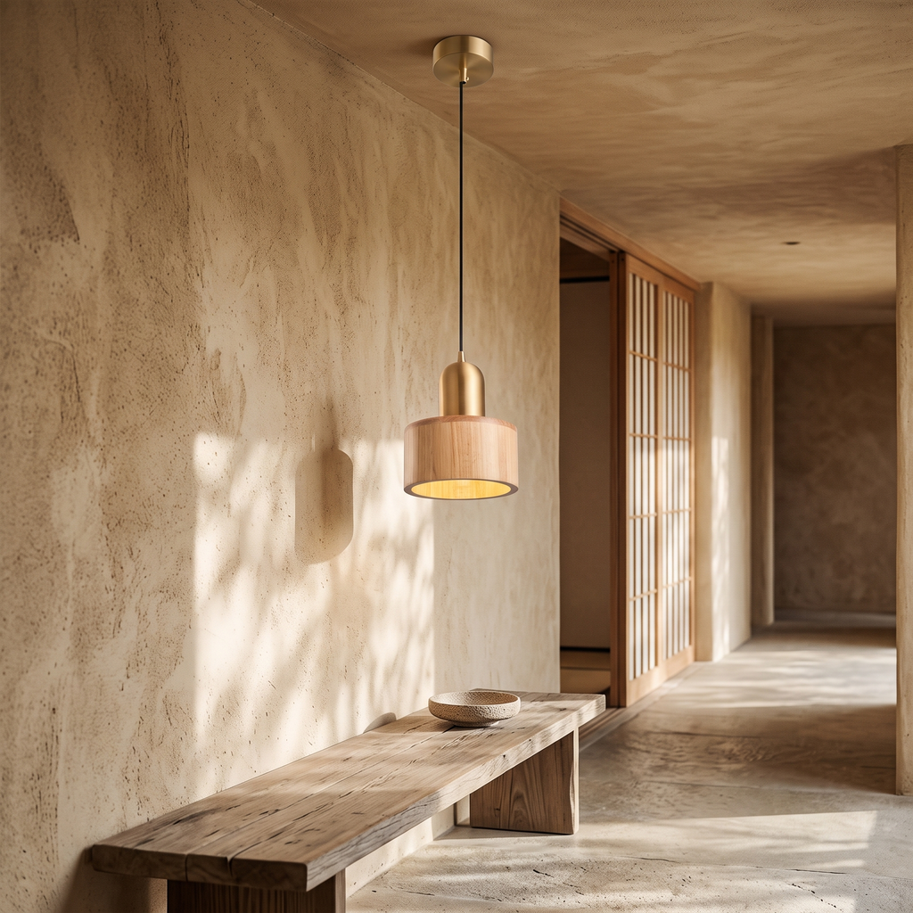 Emi Walnut & Brass Cylinder Pendant Light