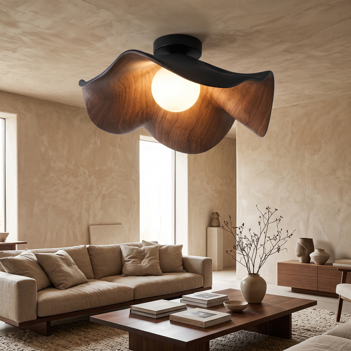 Lotta Wooden Lotus Flush Ceiling Light, 28 or 40cm