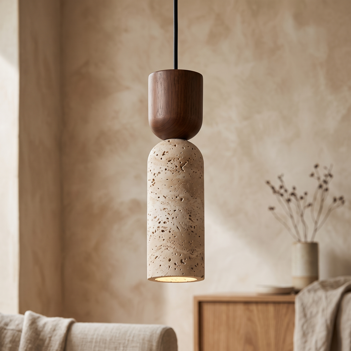 Saga Travertine & Wood Mini Pendant Light