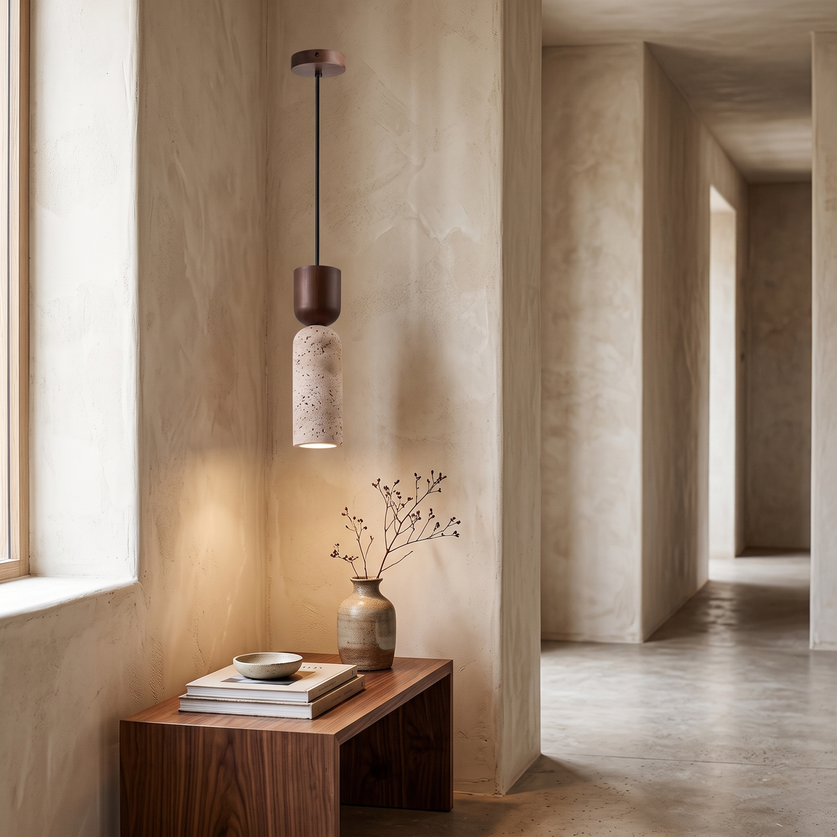 Saga Travertine & Wood Mini Pendant Light