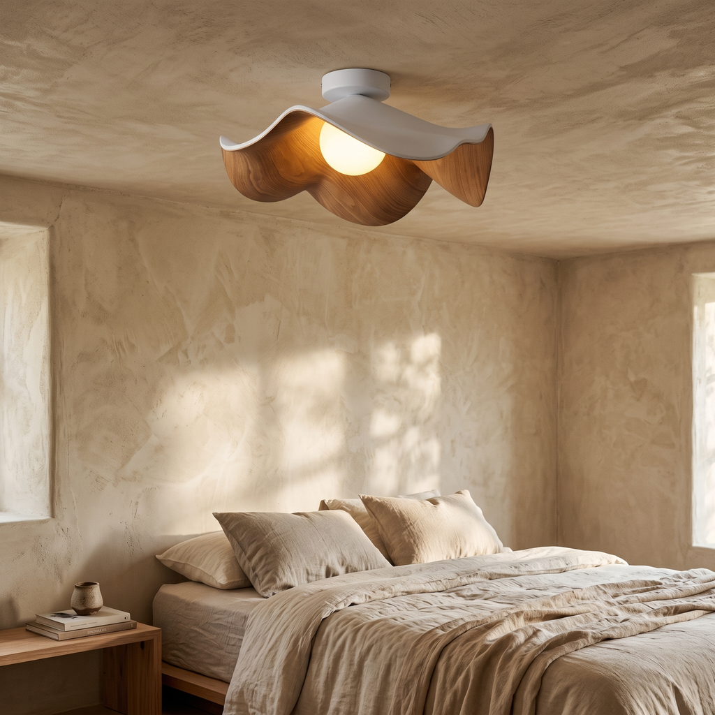 Lotta Wooden Lotus Flush Ceiling Light, 28 or 40cm