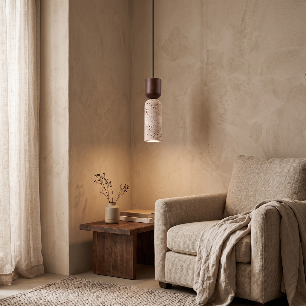 Saga Travertine & Wood Mini Pendant Light