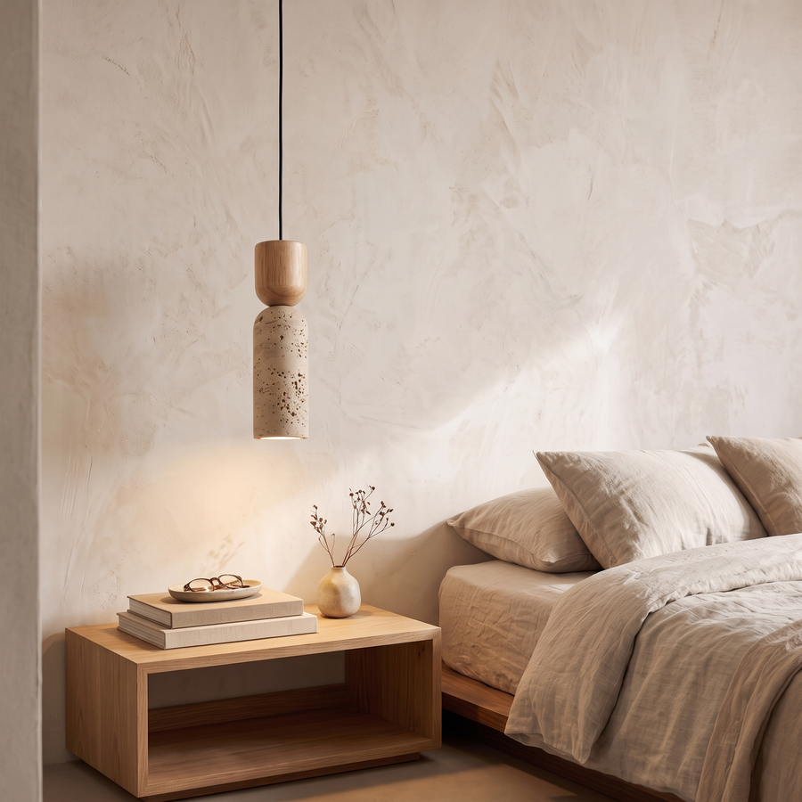 Saga Travertine & Wood Mini Pendant Light