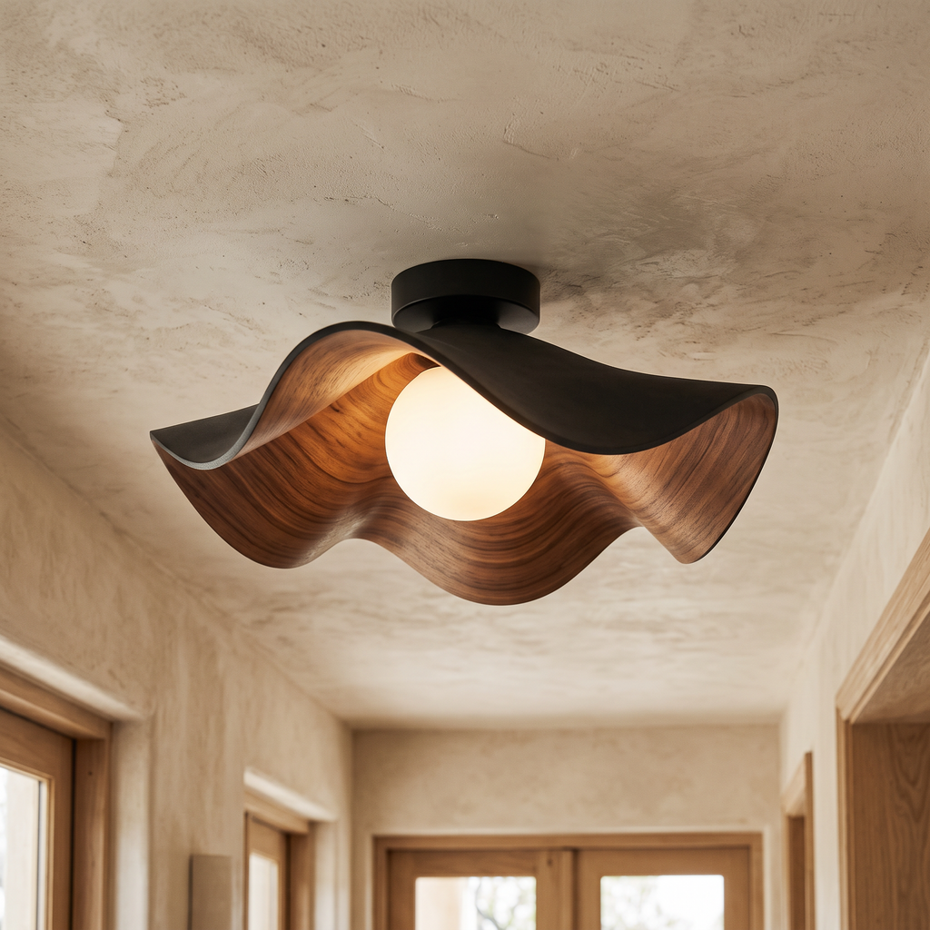 Lotta Wooden Lotus Flush Ceiling Light, 28 or 40cm