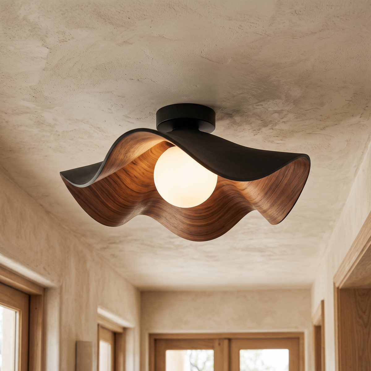 Lotta Wooden Lotus Flush Ceiling Light, 28 or 40cm
