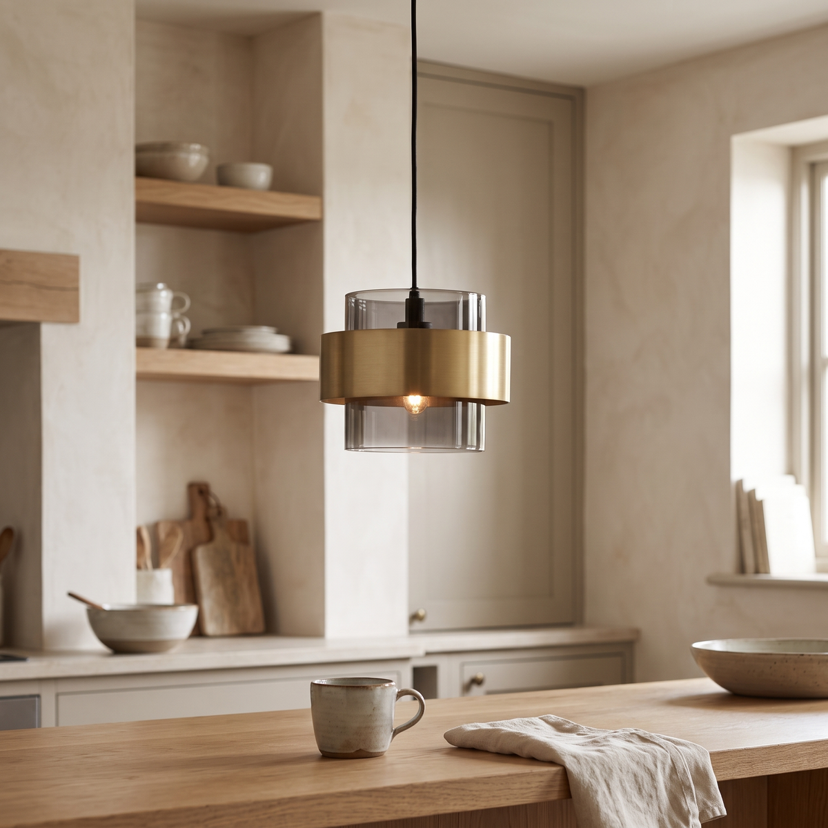 Glass & Brass Band Cylinder Pendant Light