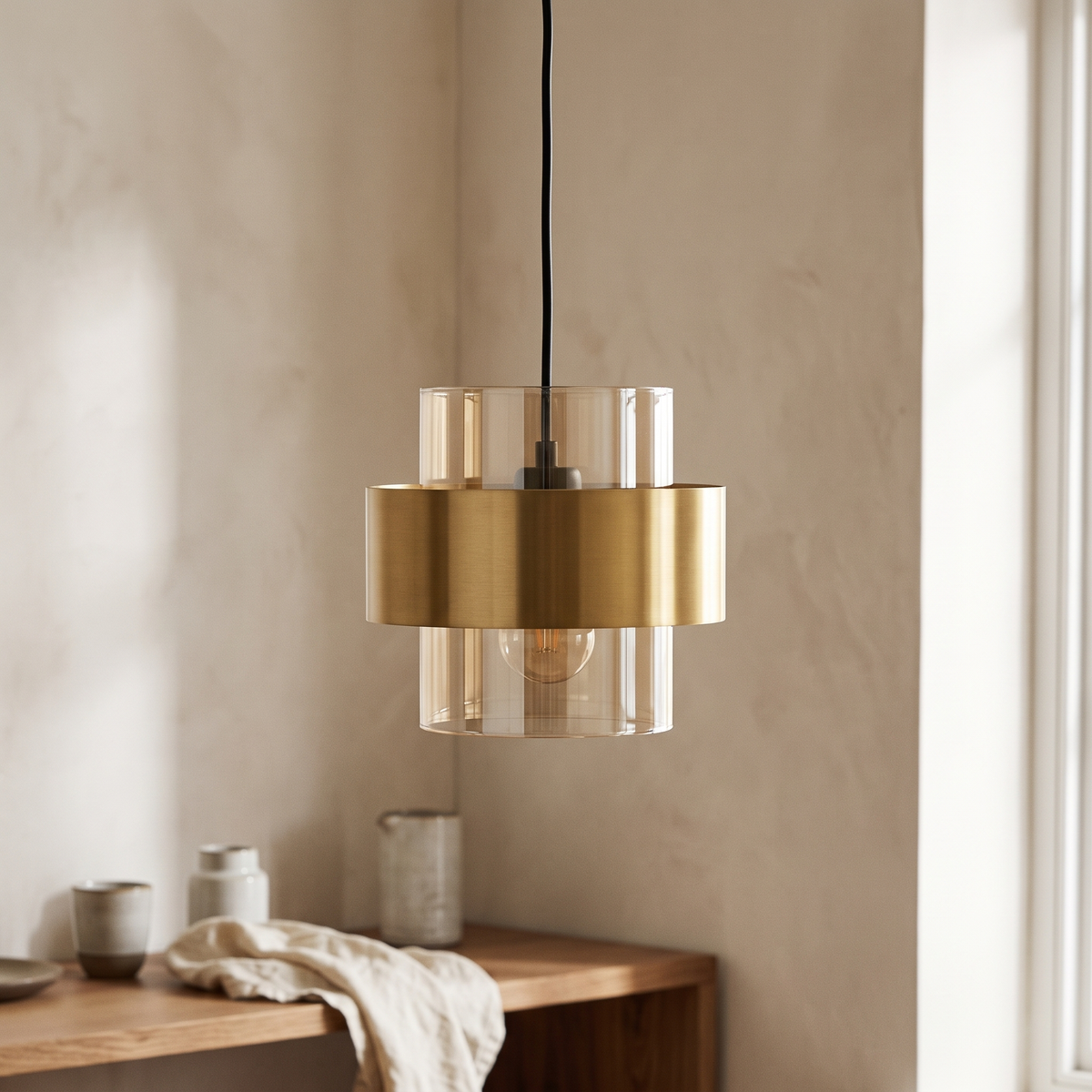 Glass & Brass Band Cylinder Pendant Light