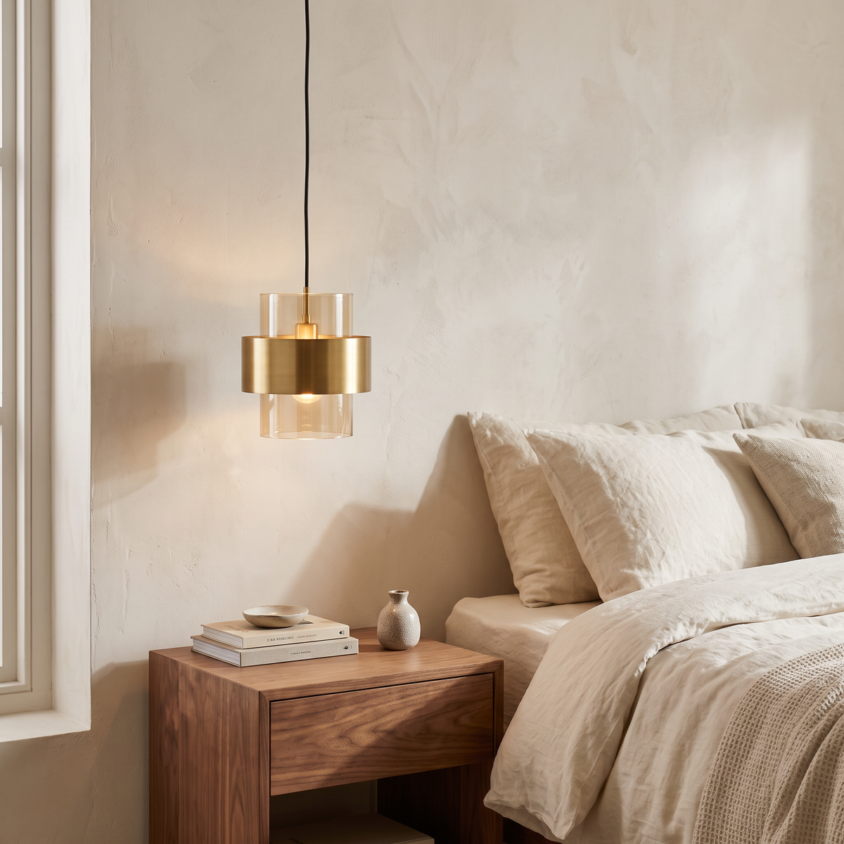 Glass & Brass Band Cylinder Pendant Light