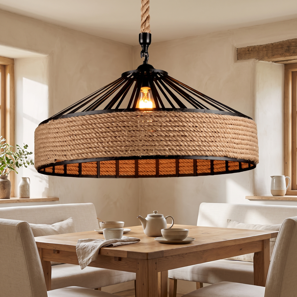 Hemp Rope & Metal Drum Pendant Light