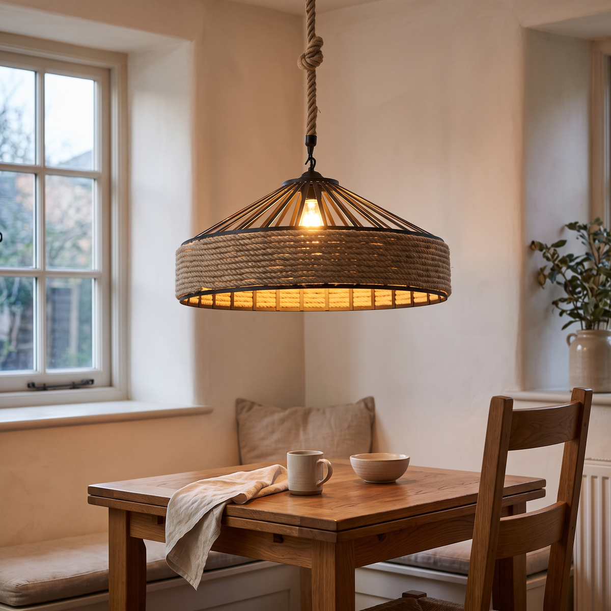 Hemp Rope & Metal Drum Pendant Light