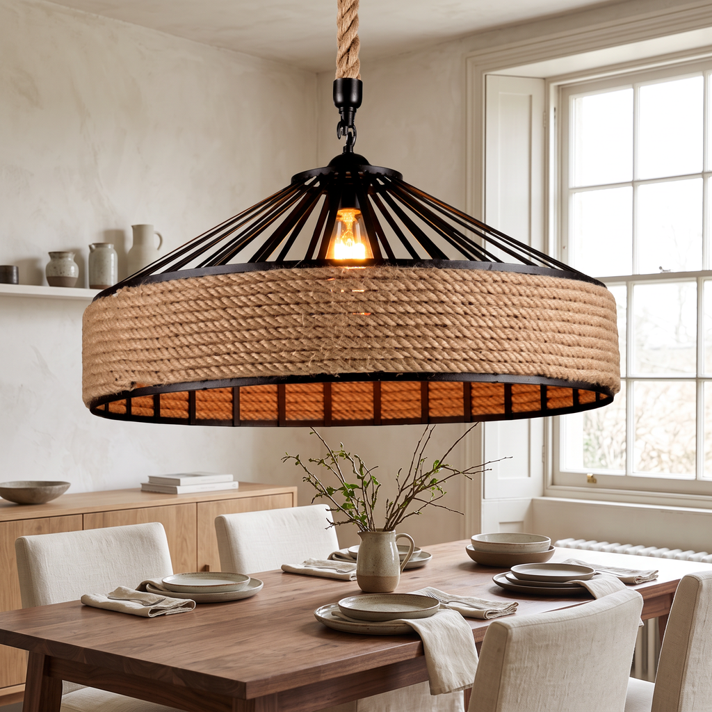 Hemp Rope & Metal Drum Pendant Light