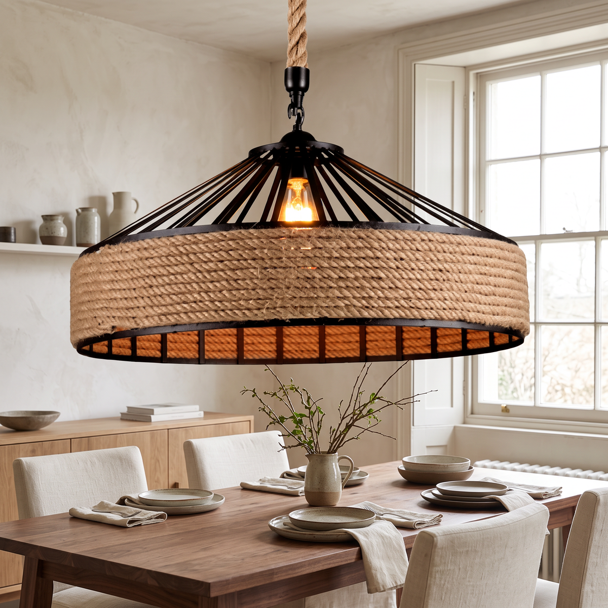 Hemp Rope & Metal Drum Pendant Light